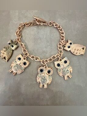 Whimsical Gold-Tone Owl Charm Bracelet with Black Accent Eyes
